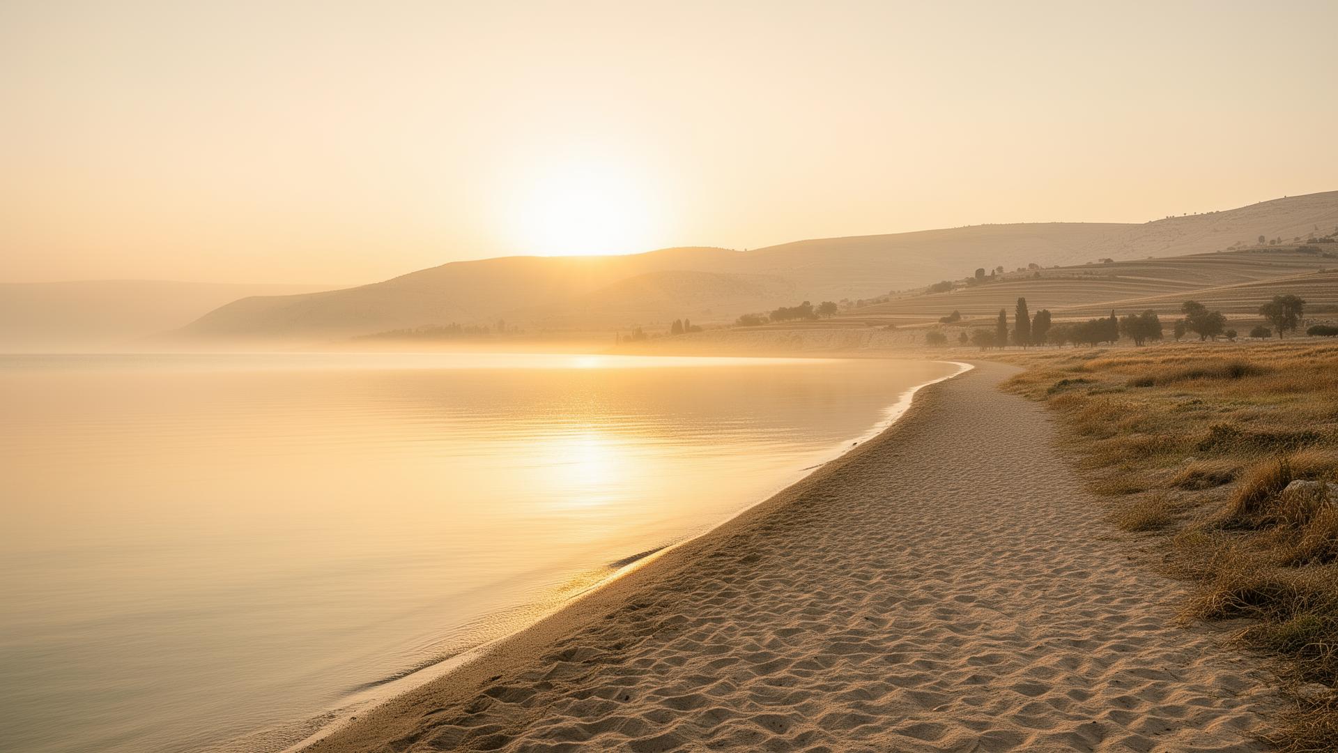 Sunrise over the Sea of Galilee with a quiet shoreline path